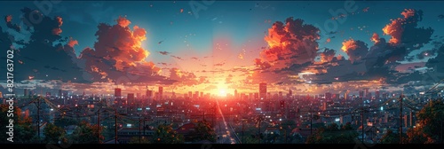 anime aesthetic background, city skyline, pink and blue sky with clouds, light purple sky.