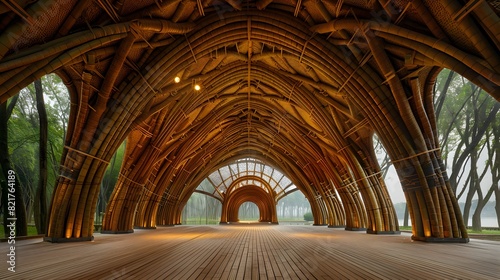 Bamboo pavilion with an arched roof design, showcasing intricate bamboo craftsmanship and eco-friendly architecture in a serene setting.
