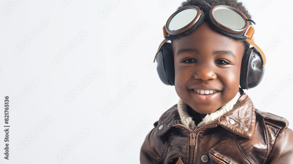 A cute happy smiling young African American black boy dresses like a pilot wearing aviator hat, ear muff and goggles on a plain white background with copy space for text.