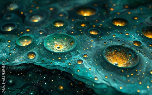 Detailed view of bubbles formed on a liquid surface, showcasing the natural phenomenon of water tension and air pockets