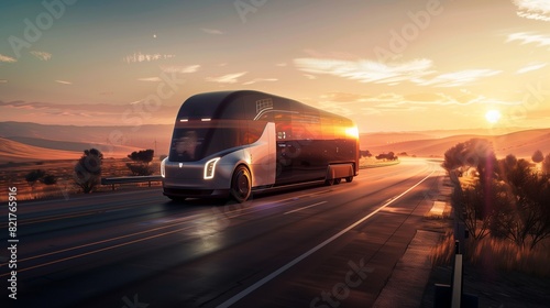 A concept image of a self-driving delivery truck cruising on a sleek, modern highway at dawn.