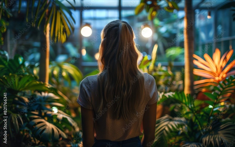 A Baltic adult woman is standing inside a greenhouse, attentively observing various plants around her A Baltic adult woman is standing inside a greenhouse, attentively observing various plants around her
