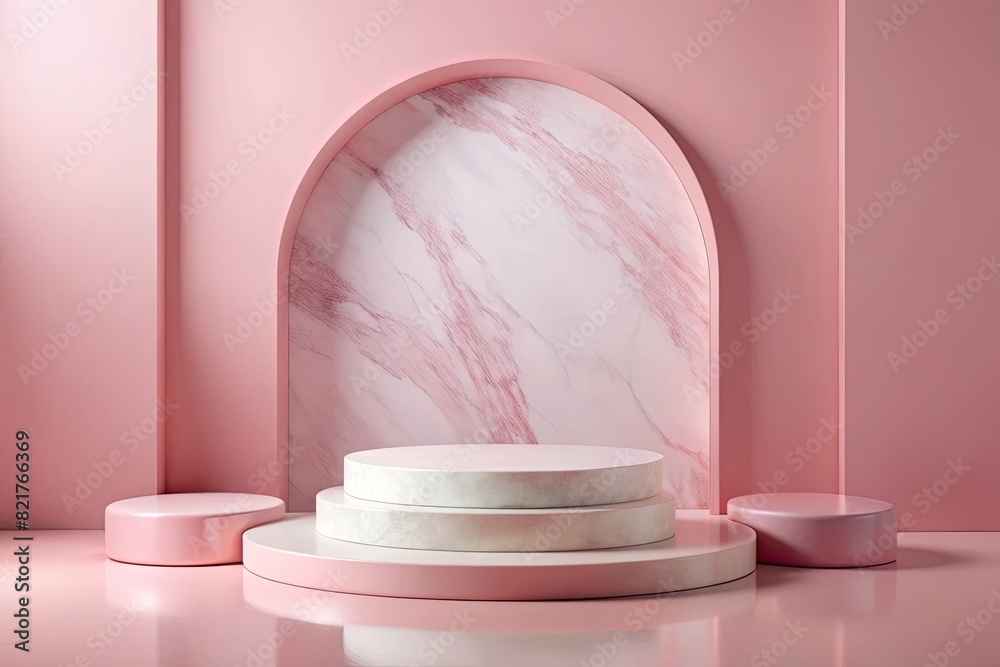 Elegant Pink Arch and Podium in Minimalist Setting Elegant Pink Arch and Podium in Minimalist Setting