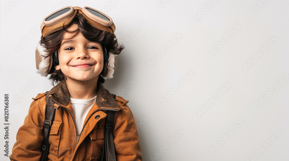 A cute happy smiling young Latin boy dresses like a pilot wearing aviator hat, ear muff and goggles on a plain white background with copy space for text. A cute happy smiling young Latin boy dresses like a pilot wearing aviator hat, ear muff and goggles on a plain white background with copy space for text.