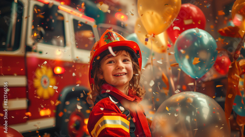 A child dressed as a firefighter, joyfully celebrating Children's Day, surrounded by colorful decorations and balloons, with a fire truck in the background