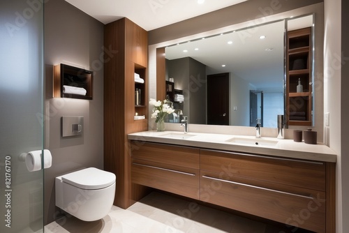 Small Bathroom Design With Wooden Vanity Unit And Quartz Bathroom Countertop