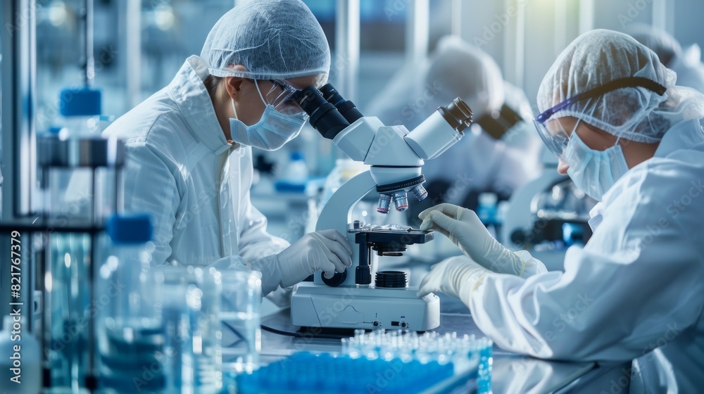 A group of scientists are working in a lab, wearing white lab coats and gloves A group of scientists are working in a lab, wearing white lab coats and gloves