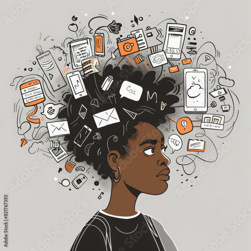 An illustration of an African American woman with her hair in messy curls, surrounded by icons representing social media and technology devices
