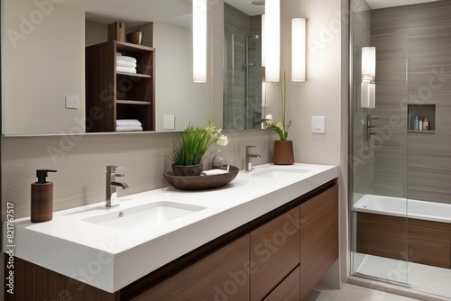 Small Bathroom Design With Wooden Vanity Unit And Quartz Bathroom Countertop