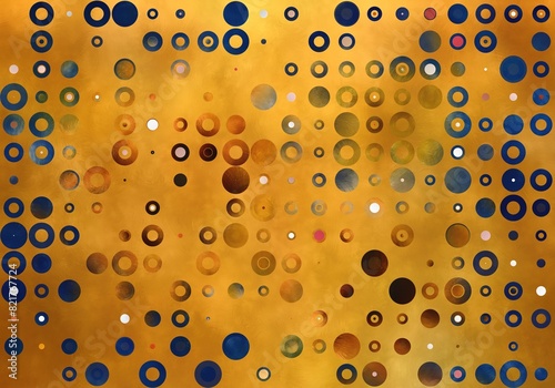 Colorful abstract pattern, from circles and rings different sizes on yellow background, textured.
