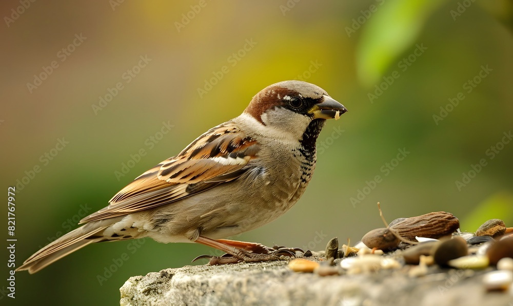 sparrow perched on a wall enjoying a meal, Generative AI sparrow perched on a wall enjoying a meal, Generative AI