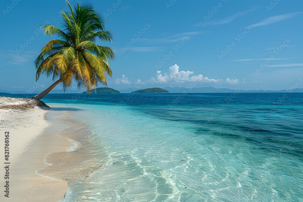 Tropical Beach Paradise with Palm Tree and Crystal Clear Waters for Summer Vacation Posters and Travel Brochures Tropical Beach Paradise with Palm Tree and Crystal Clear Waters for Summer Vacation Posters and Travel Brochures