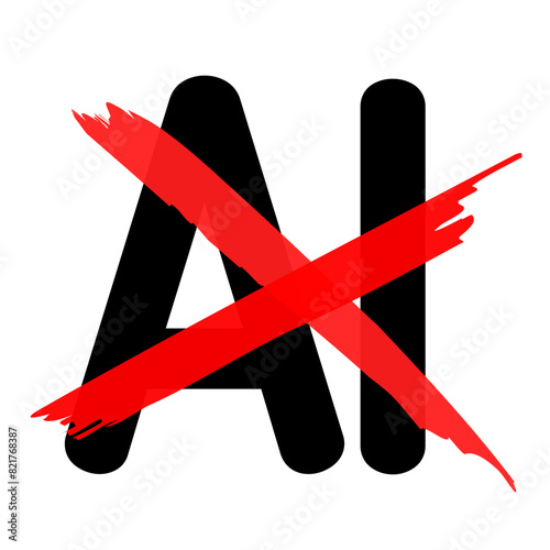 Icon with a crossed-out AI, isolated on a transparent background. No AI generation. No AI use. Forbid artificial intelligence. Vector illustration