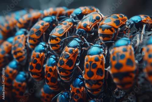 Close-Up View of Group of Vibrant Orange and Black Insects on Wood - Nature, Macro Photography