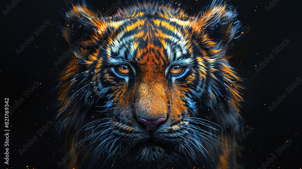   Close-up portrait of a tiger with vibrant orange and blue stripes on its face against a dark backdrop