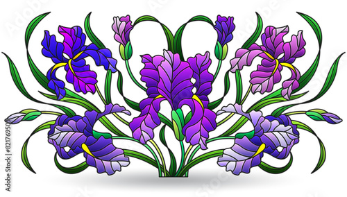 A stained glass illustration with composition of iris flowers, isolated on a white background