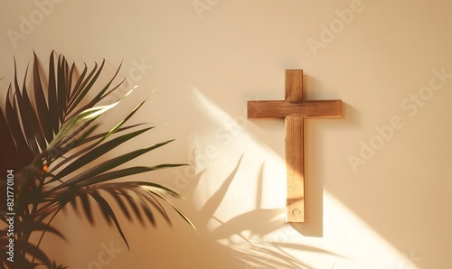 A wooden crucifix casts a shadow of palm leaves , Generative AI
