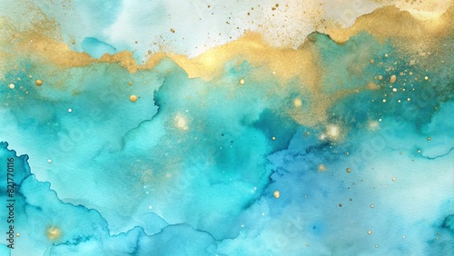 Turquoise gold background in watercolour style.