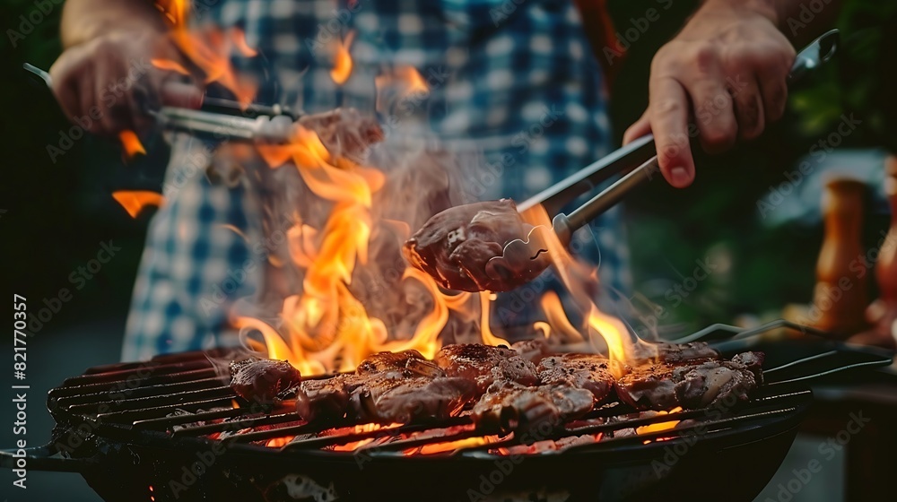 Fototapeta premium A person is cooking meat on a grill.