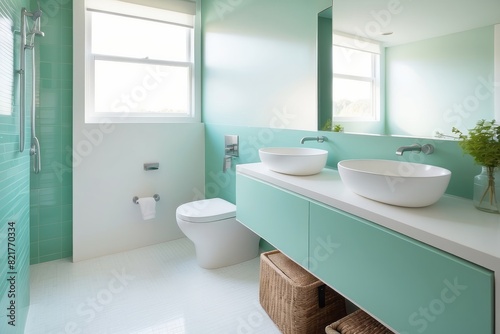 White And Sea Green Small Bathroom Designs With White Corian Bathroom Countertop
