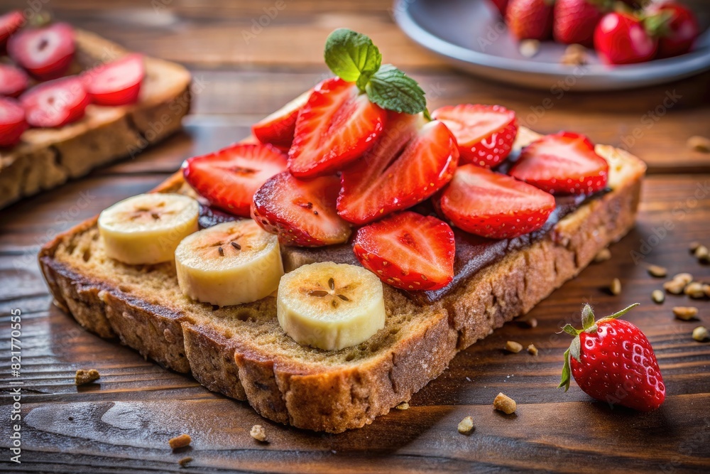 Toast topped with strawberries and bananas on a wooden board Toast topped with strawberries and bananas on a wooden board