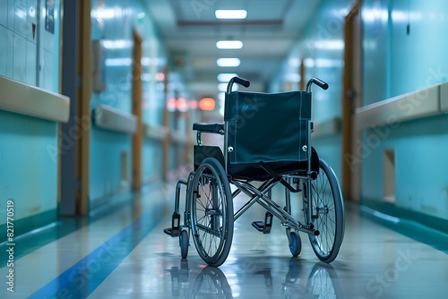 Empty wheelchair in hospital hallway