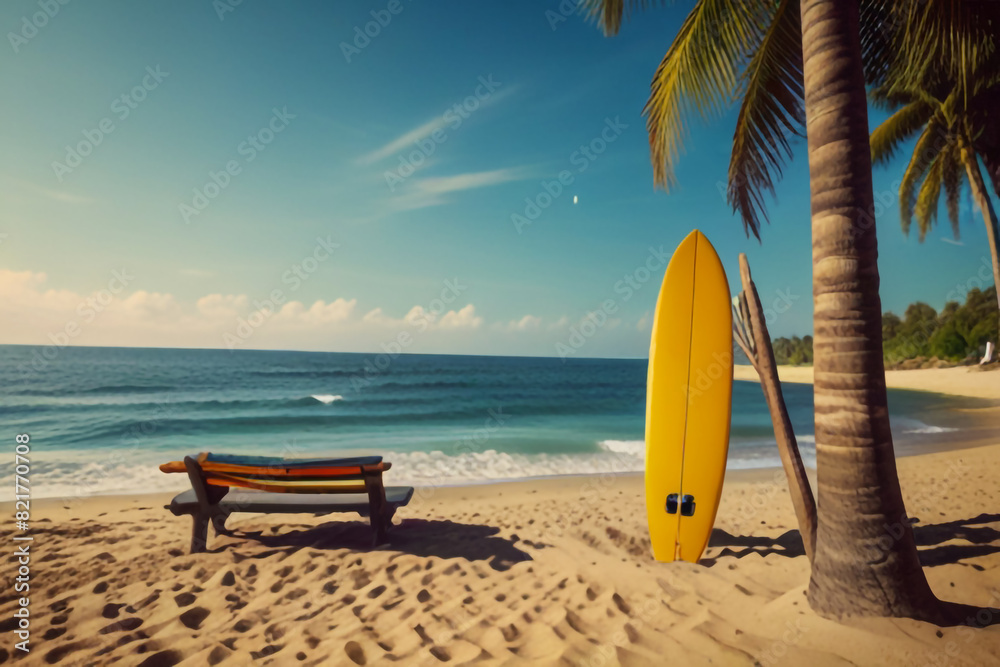 Surfboard and palm tree on beach with beach sign for surfing area. Travel adventure and water sport Surfboard and palm tree on beach with beach sign for surfing area. Travel adventure and water sport