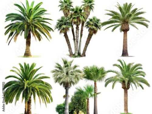 A diverse collection of palm trees isolated on a white background  showcasing different species and forms.