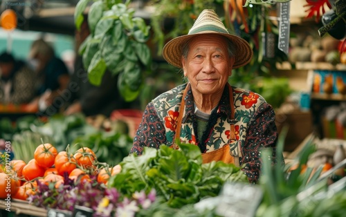An old woman wearing a hat stands in front of a table full of fresh vegetables © imagineRbc