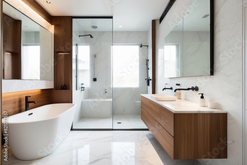 White Marble And Wood Bathroom Design With Glass Partition