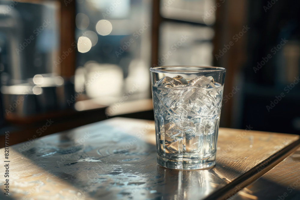 Glass of Ice Water on a Sunlit Table in a Cozy Setting Glass of Ice Water on a Sunlit Table in a Cozy Setting