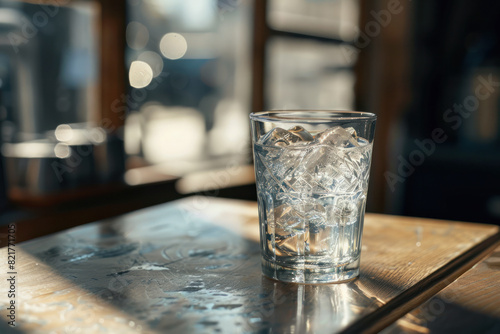 Glass of Ice Water on a Sunlit Table in a Cozy Setting