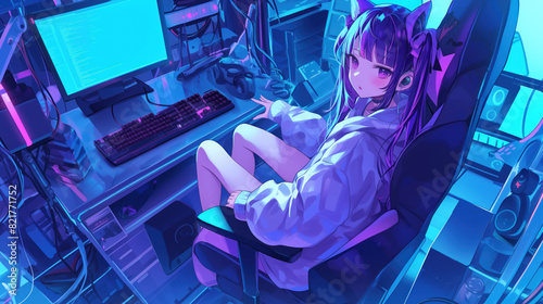 Over shoulder view of anime gamer girl behind the computer