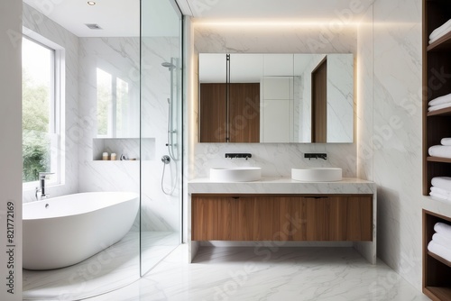 White Marble And Wood Bathroom Design With Glass Partition