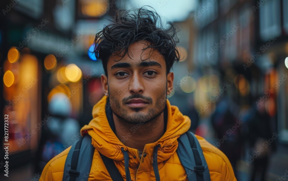 A man wearing a backpack walking on a busy city street filled with pedestrians and buildings