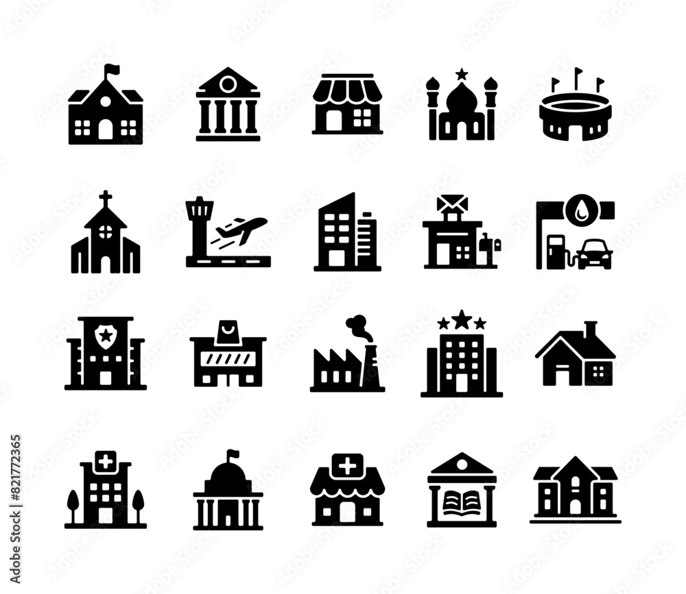 building icons collection in solid black color