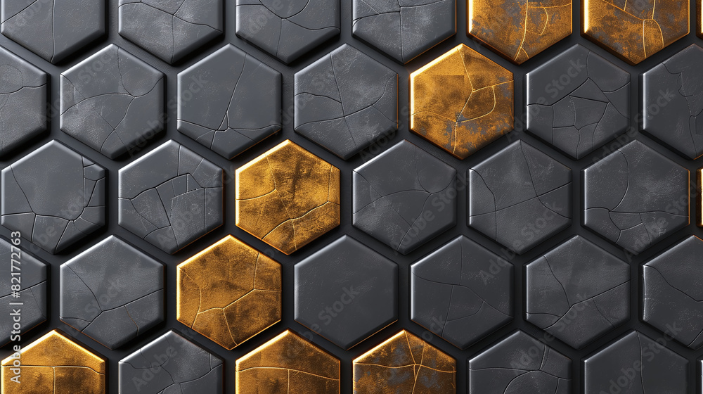 Close-up view of a textured hexagon pattern with metallic details. Close-up view of a textured hexagon pattern with metallic details.
