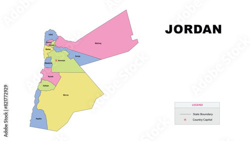 Jordan Map. State and district map of Jordan. Detailed colourful map of Jordan.