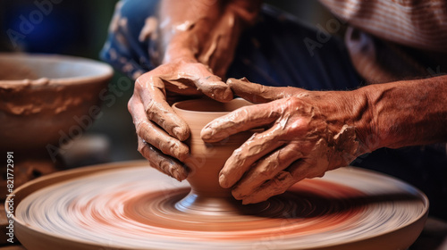 man molding ceramic pottery