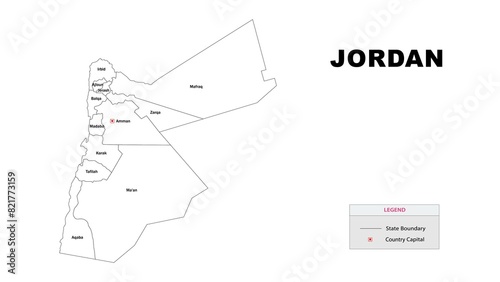 Jordan Map. State and district map of Jordan. Administrative map of Jordan with district and capital in white color.