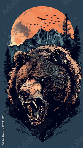 Vector hand drawn illustration of a wild bear in the mountains at night