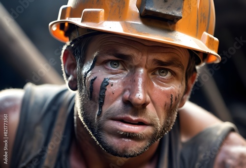 Close-up shot captures the grit and determination etched on the miner's face as they toil underground amidst machinery and coal dust.