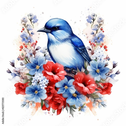 State birds and flowers with patriotic themes. watercolor illustration, Perfect for nursery art, simple clipart, single object, white color background. © JR BEE