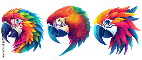 Set of Vibrant Colorful Parrot Art - Tropical Bird Illustration with Splash Paint Effect, Cut Out, Isolated on Transparent Background