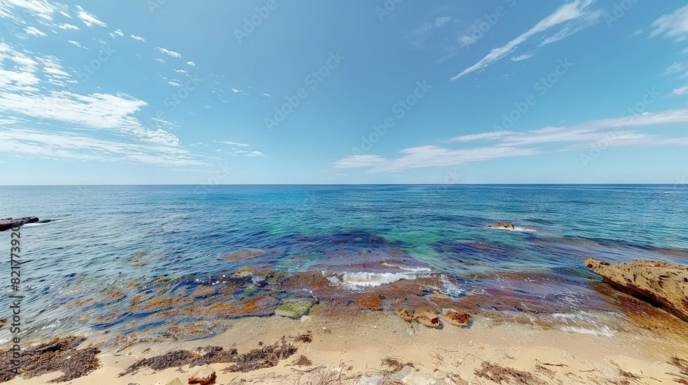 Obraz premium A body of water with rocks in the foreground and a blue sky with white clouds in the background