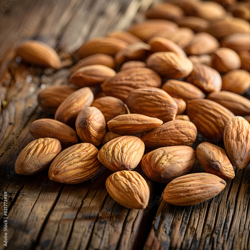 Close-Up of Raw Almonds on Wooden Surface. Close-Up of Raw Almonds on Wooden Surface.