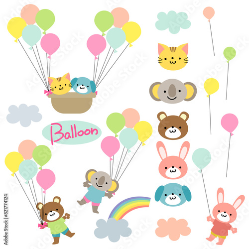 風船とかわいい動物たちのイラストセット