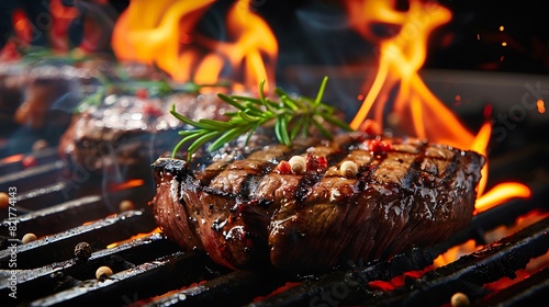 Delicious beef steak on the grill with flames