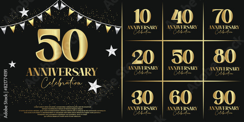 set of anniversary logo flat gold color on black background for celebration moment