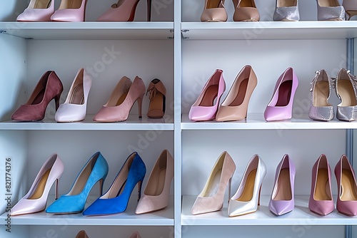 Different stylish women's shoes on shelving unit